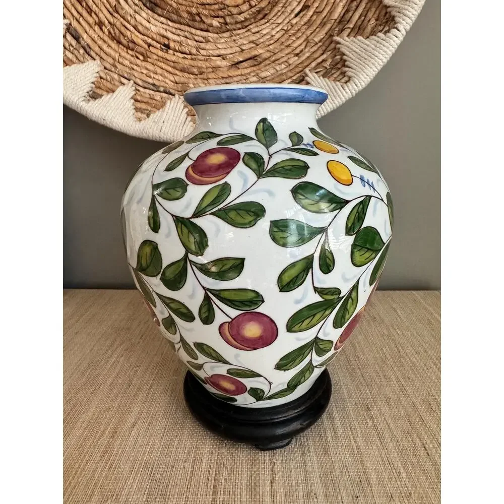 Vintage Italian Hand-Painted Ceramic Fruit Vase with Wood Stand 9